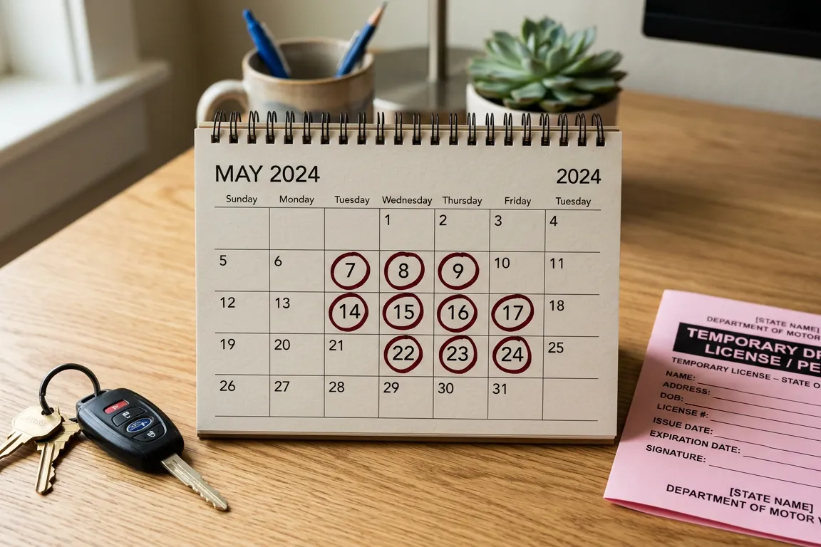 A desk calendar with ten days circled, car keys and a temporary driver's license beside it