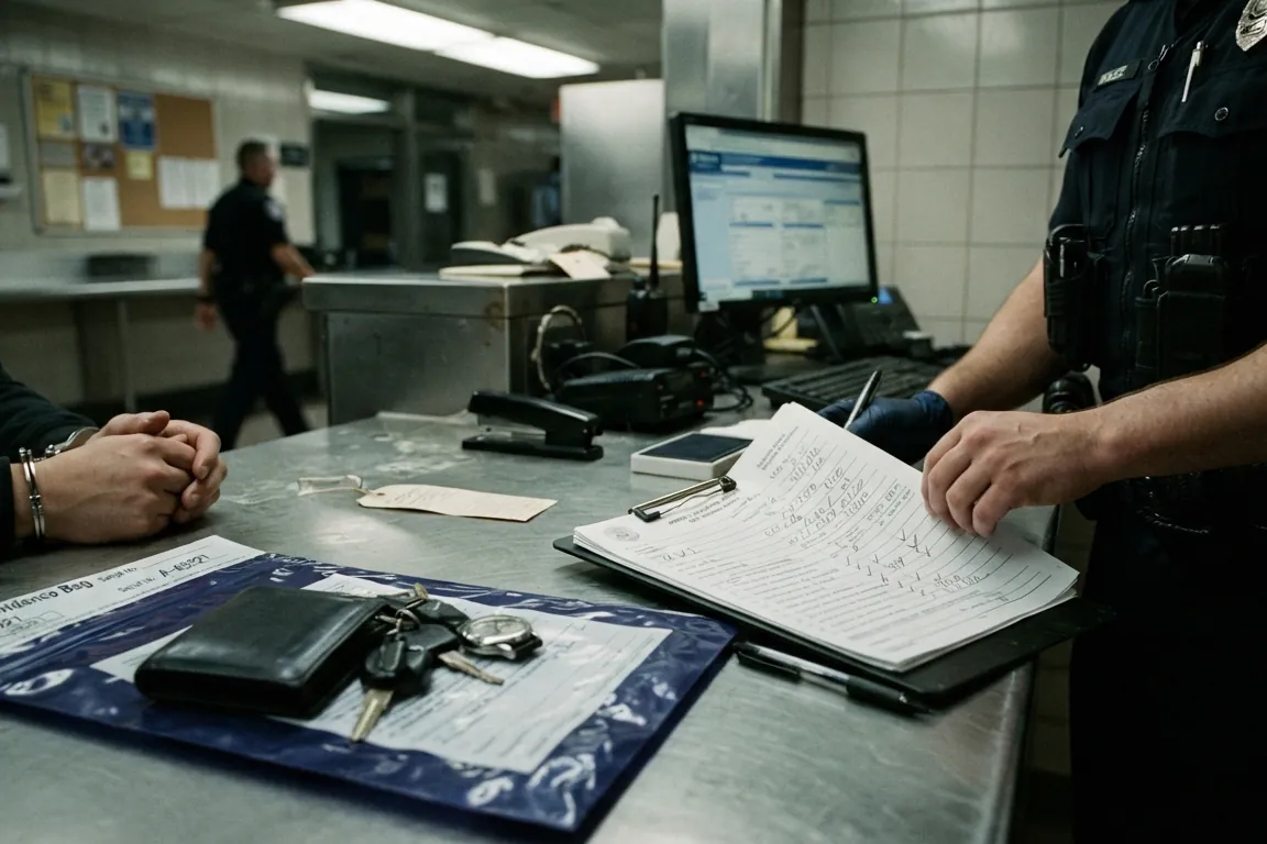 A booking counter under fluorescent light: a property bag and a clipboard
