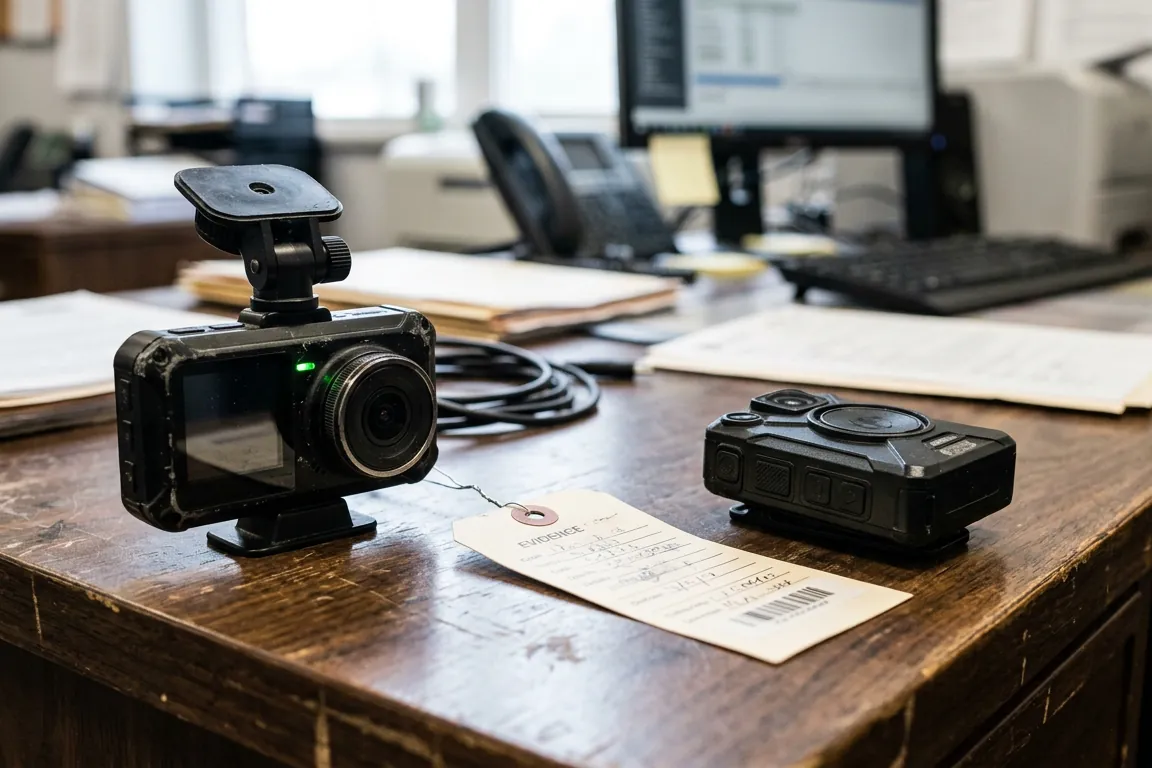 A patrol car's dashboard camera and a body-worn camera on a desk, an evidence tag beside them