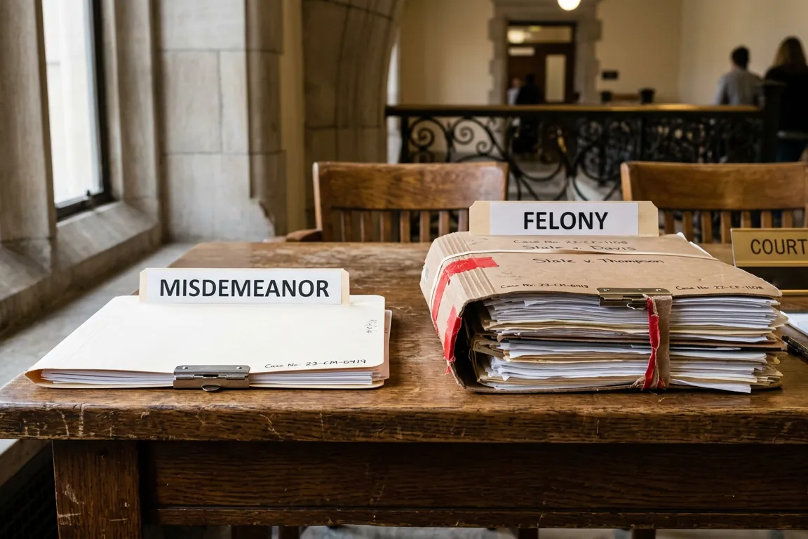 Two case files on a courthouse table: a thin one labeled Misdemeanor and a thick bundle labeled Felony