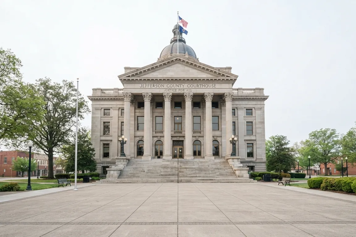 A county courthouse exterior in flat morning light: wide steps and columns, an empty plaza