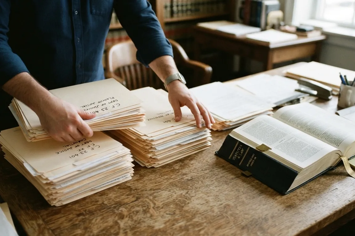 Hands sorting a stack of case files into piles on a wooden desk, a statute book open beside them