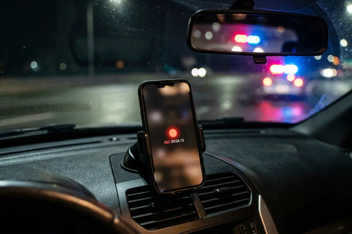 A phone mounted on a car dashboard with a red record dot on its otherwise blurred screen, patrol lights soft and out of focus in the rear-view mirror