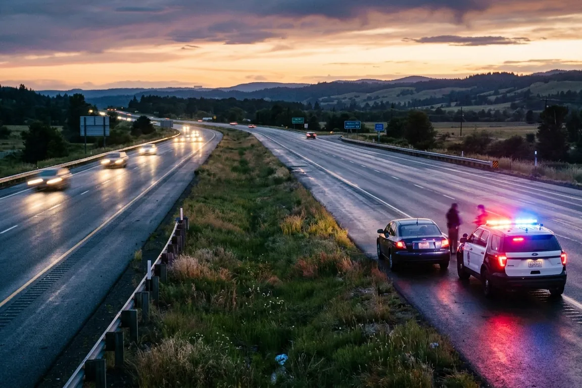 A wide shot at dusk of a car pulled onto a highway shoulder, patrol lights glowing behind it, taken from far enough away that no one is identifiable