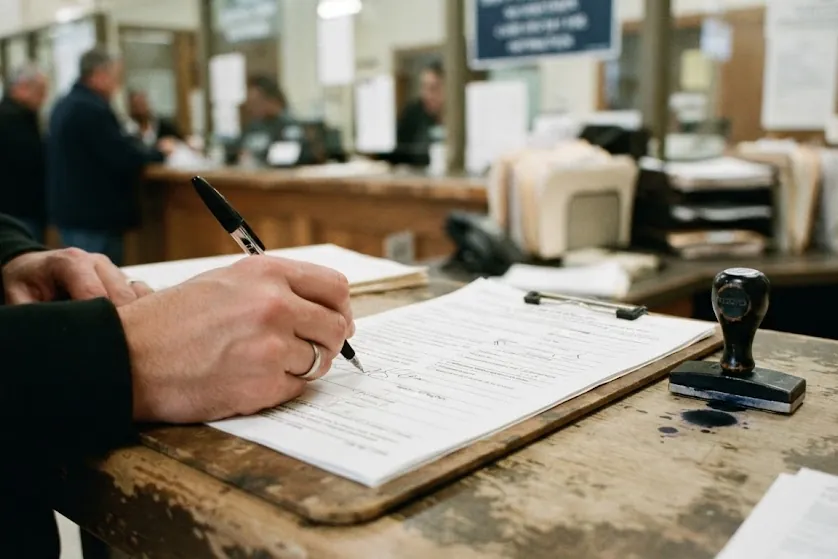 A person signing a form at the counter of a records office