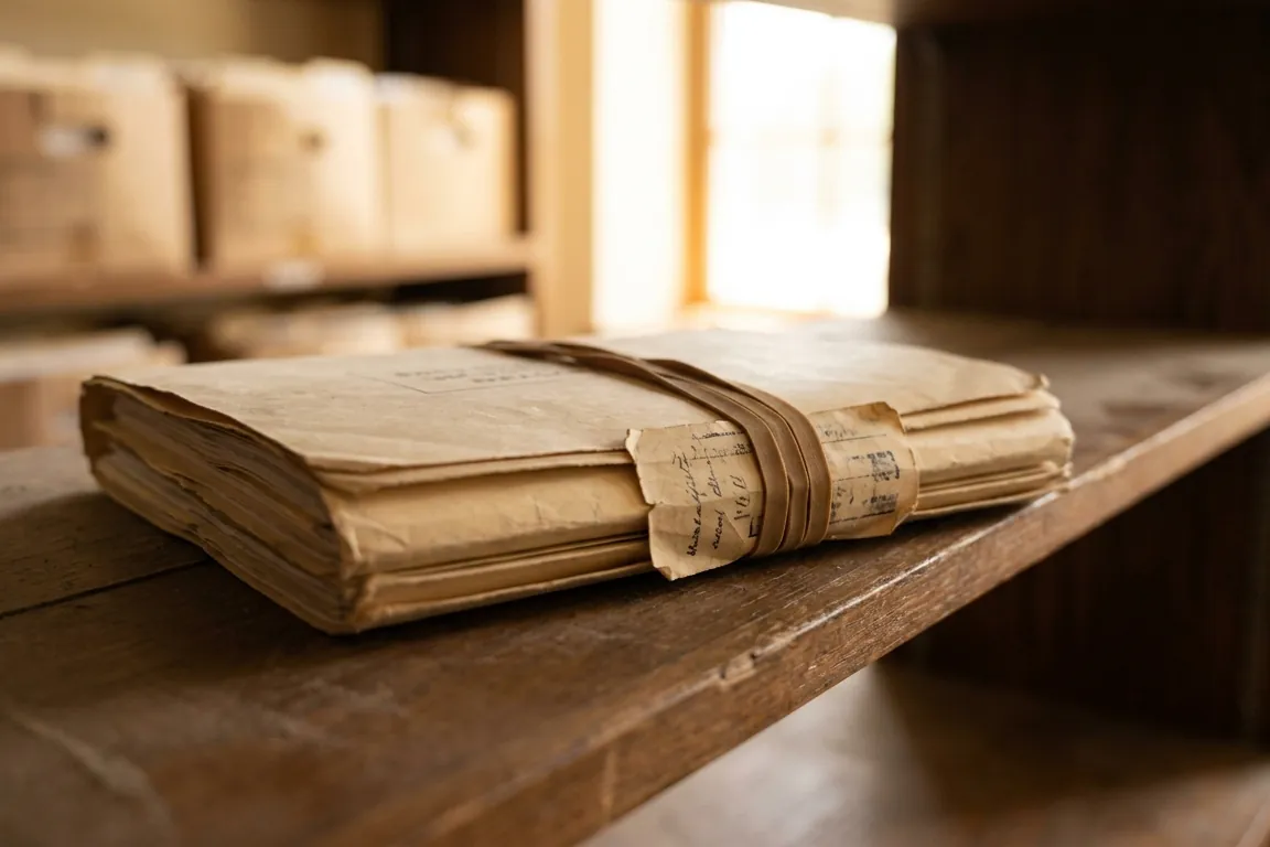 A closed case folder tied with a band, resting on a shelf of older files in soft window light: a case that is finished