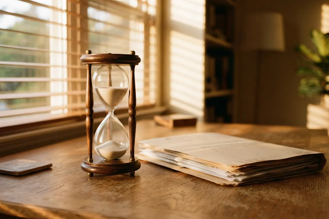 An hourglass on a desk beside a closed folder of paperwork, late-afternoon light through window blinds