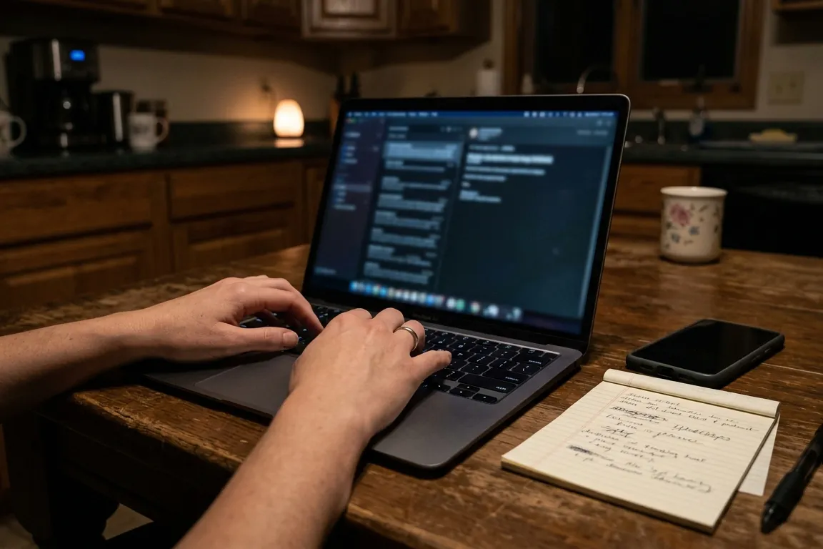 Hands on a laptop at a kitchen table late at night, a phone and a handwritten note beside it; the screen and the note are blurred