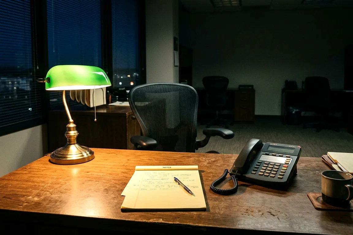 A desk lamp on at night in an empty office, lighting a legal pad and a desk phone; the chair is pushed back