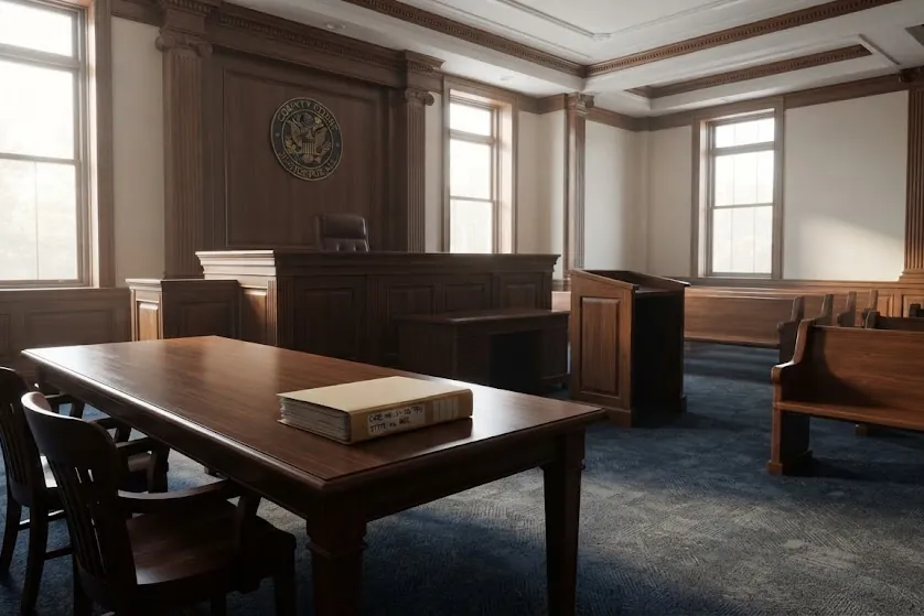 An empty courtroom, a counsel table facing the judge's bench