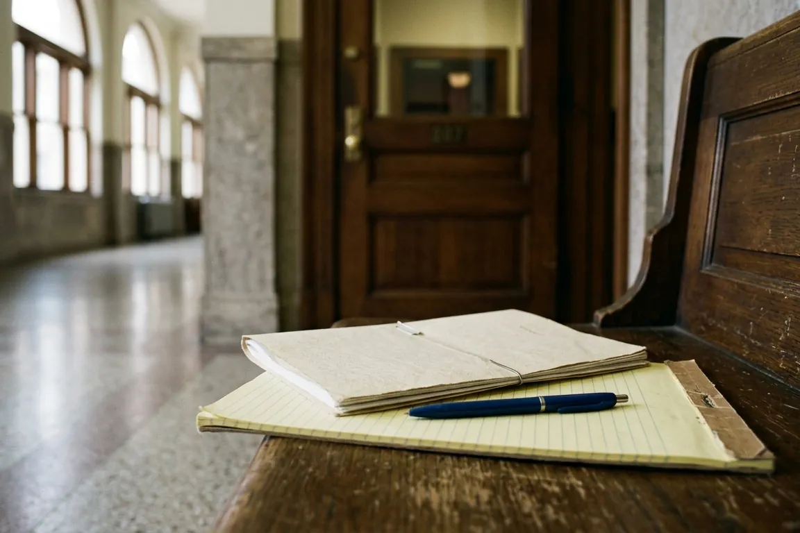 A folded report and a legal pad on a courthouse hallway bench, a pen resting across them, a courtroom door out of focus behind