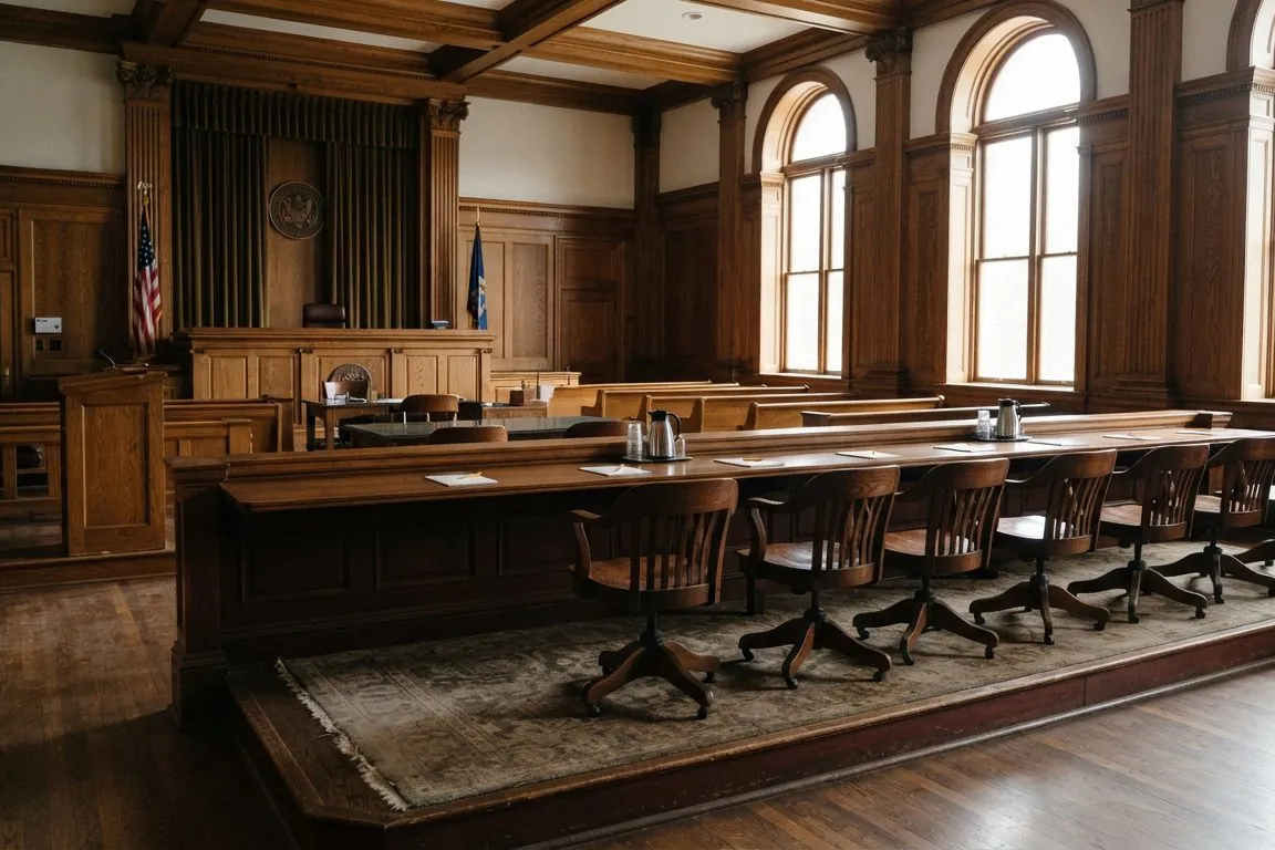 An empty jury box in a wood-panelled courtroom, the chairs lit by soft side light