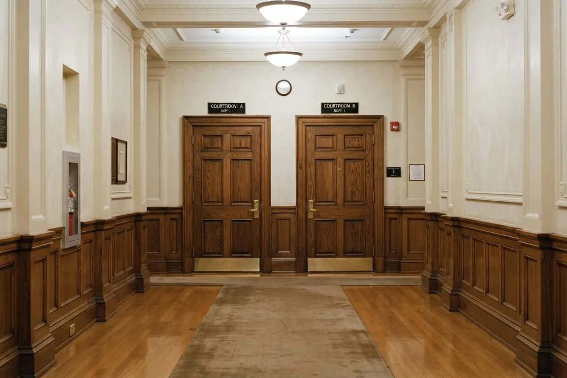 Two identical closed wooden doors side by side at the end of an empty courthouse hallway, even light on both