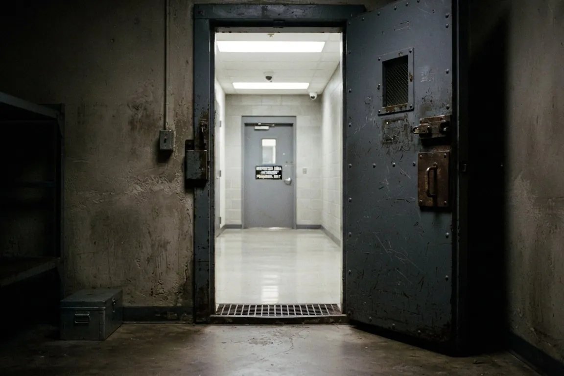 A heavy steel door standing slightly open onto a bright corridor, seen from a dim room