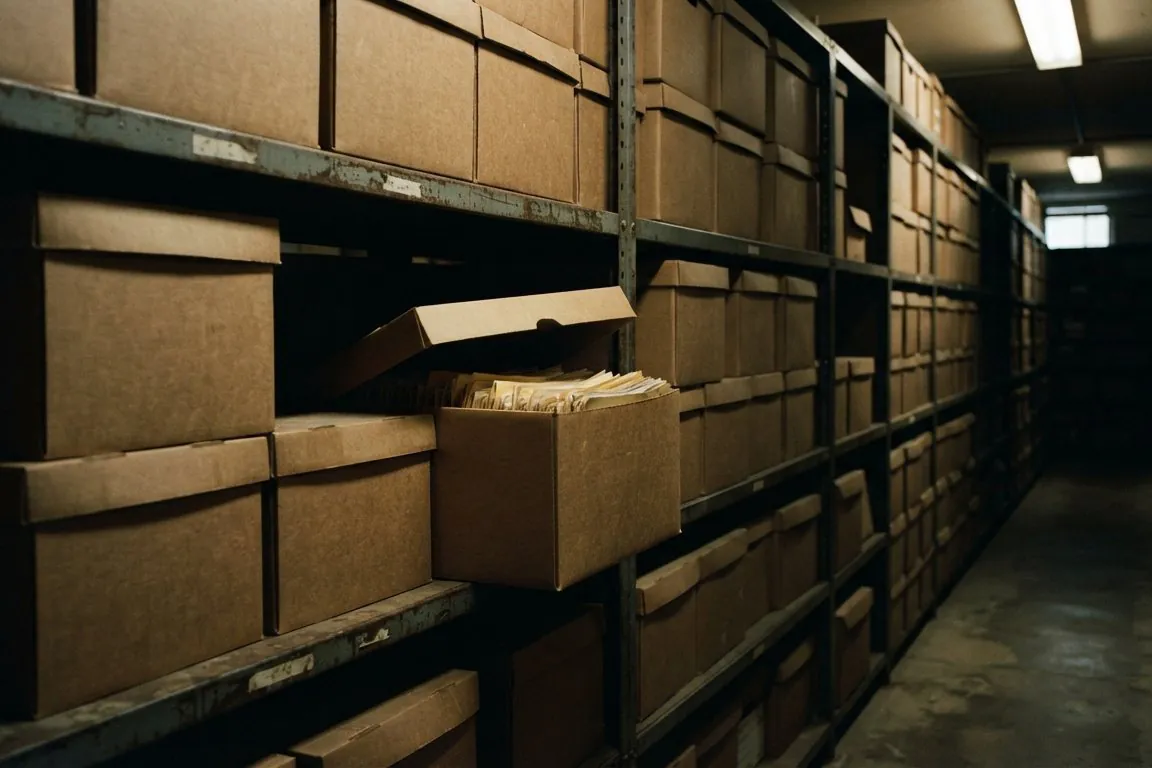 Archive boxes stacked on metal shelving in a dim records room, one lid lifted