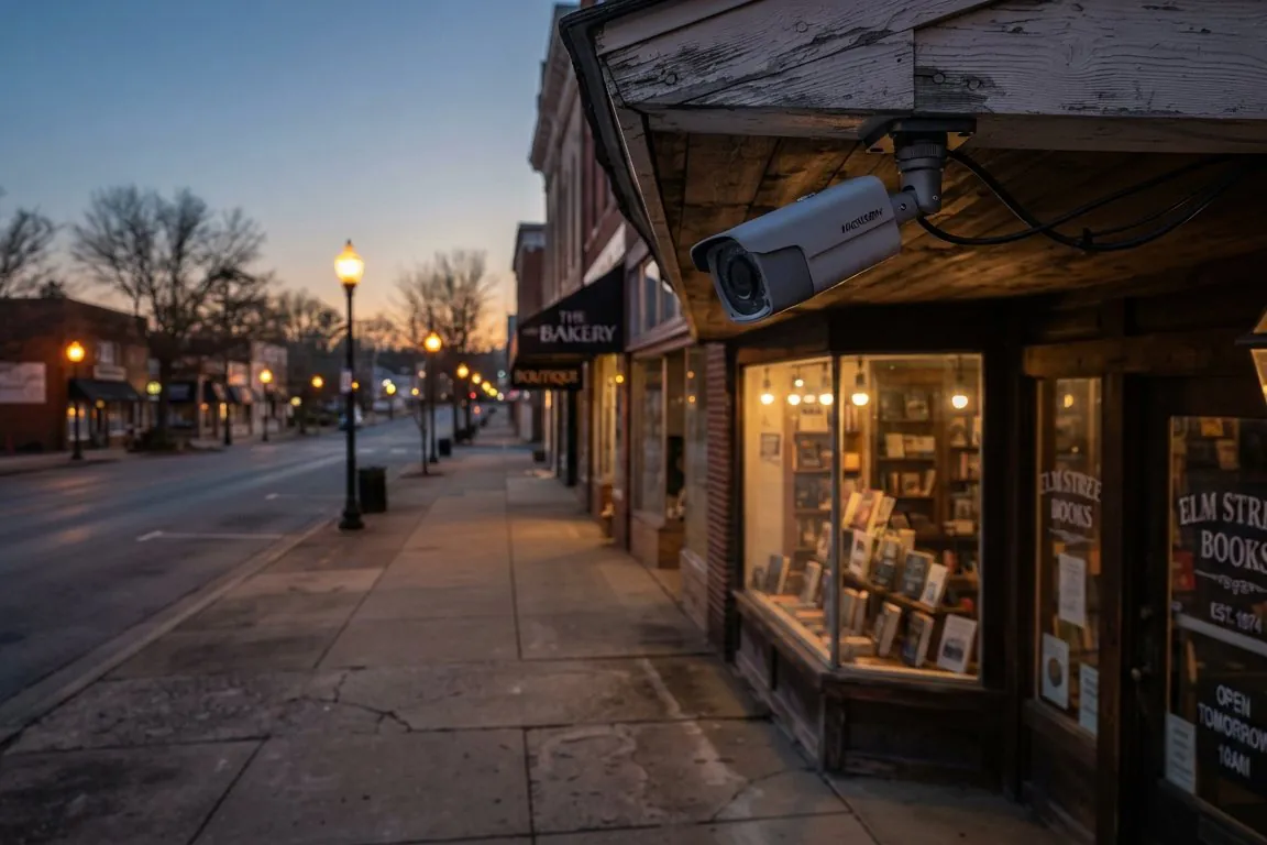 A security camera mounted under the eaves of a storefront at dusk, its lens angled toward an empty sidewalk