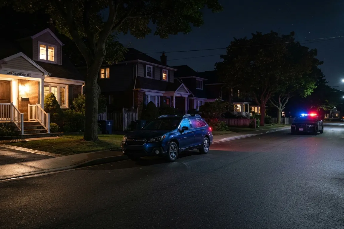 A quiet suburban street at night: a porch light on, patrol lights reflected softly on a parked car