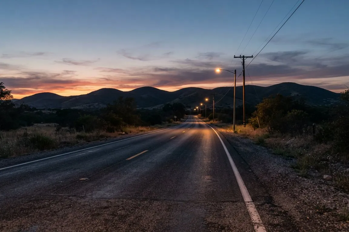 An empty two-lane road at dusk running toward low hills, streetlights just coming on