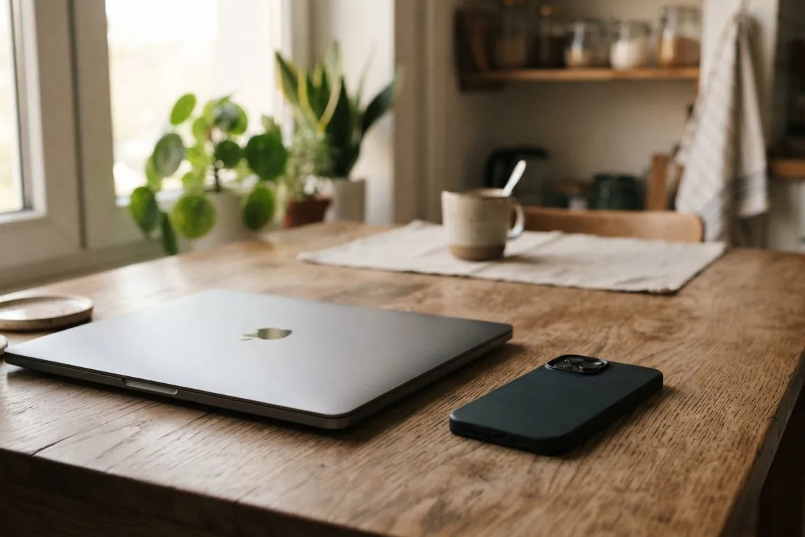 A phone lying face-down on a kitchen table beside a closed laptop, soft morning light