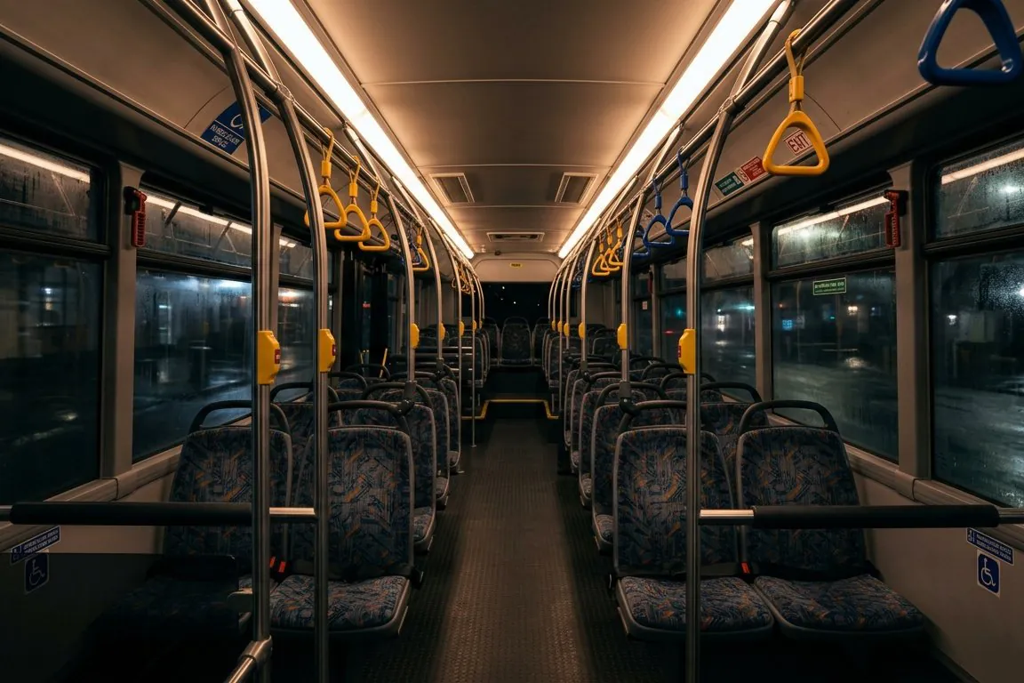 The inside of an empty city bus at night, seats and grab rails lit by the cabin lights