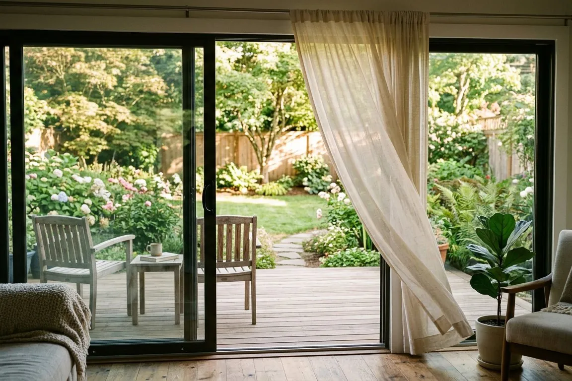 A sliding glass door left slightly open onto a quiet backyard in afternoon light, the curtain stirring