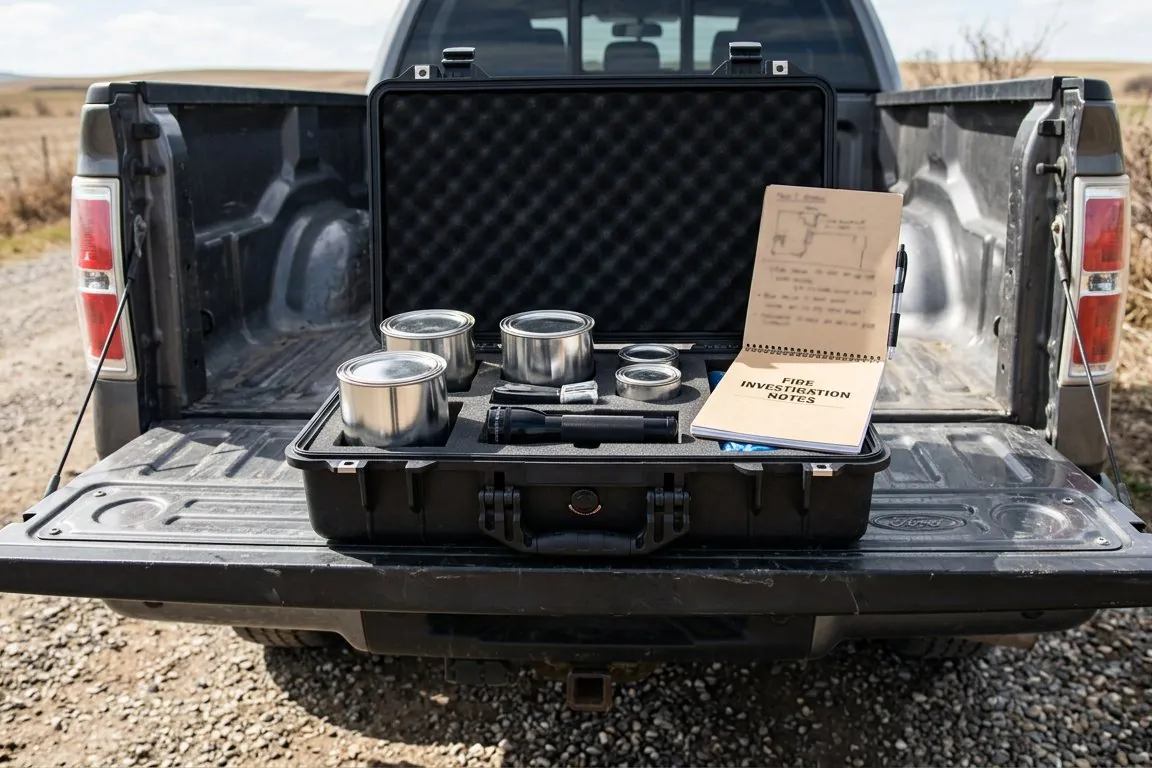 A fire investigator's kit open on a truck tailgate: sealed metal sample cans, a flashlight and a notepad