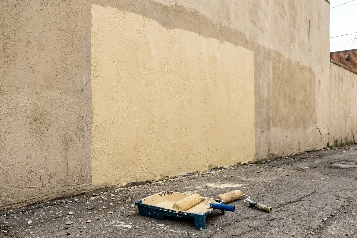 A stucco wall freshly repainted over graffiti, the patch a shade off from the rest; a paint roller and tray on the ground