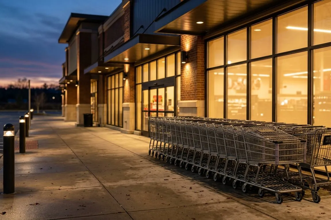 Shopping carts nested outside a retail center at dusk, storefront windows glowing, the walkway empty
