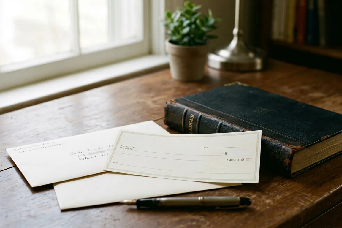 A signed check and an envelope on a desk beside a closed ledger, soft window light