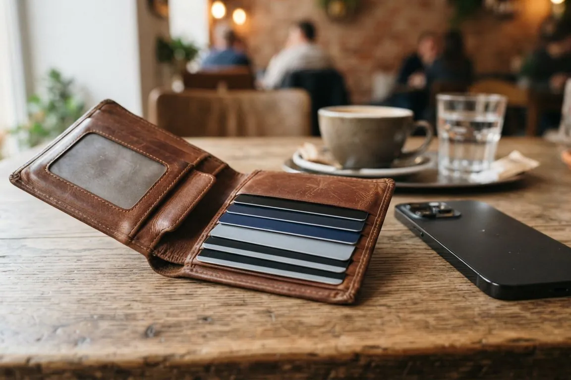 A wallet lying open on a café table, cards fanned face-down, a phone screen-down beside it