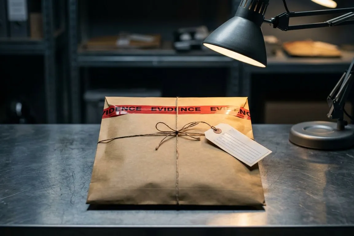 A sealed evidence envelope with a tied property tag on a steel table under a desk lamp