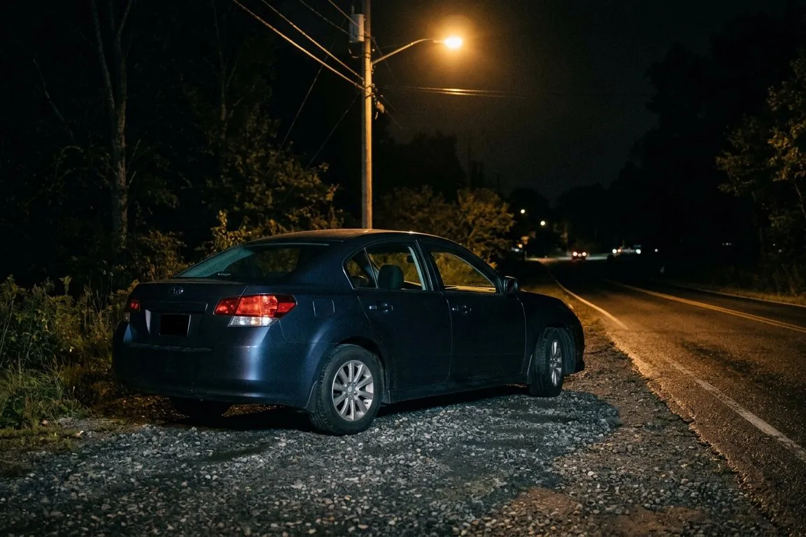 A parked car on a roadside shoulder at night under a street lamp, its interior dark and empty
