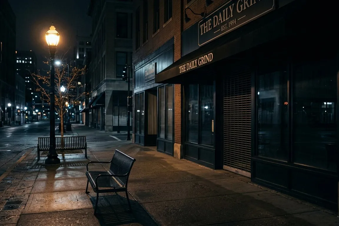 A downtown sidewalk late at night: empty benches, a street lamp and a closed storefront with its lights off