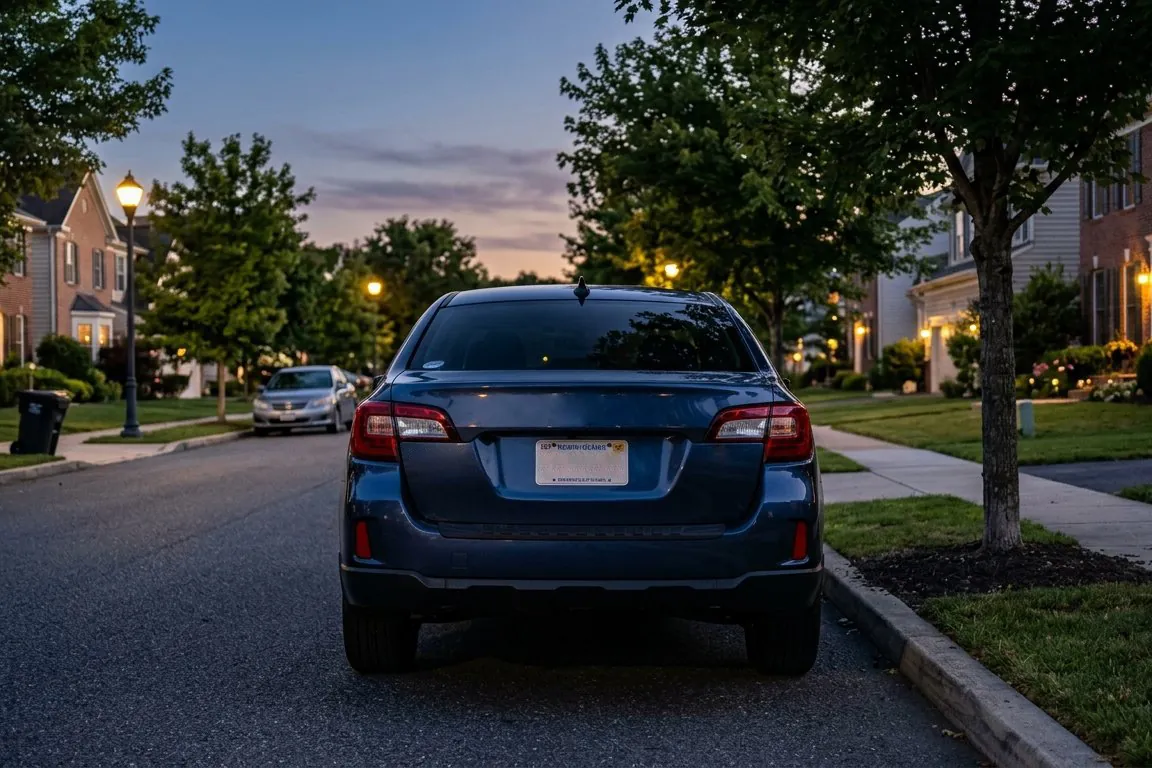 A parked car on a quiet residential street at dusk, seen from behind; the interior is dark and nobody is inside
