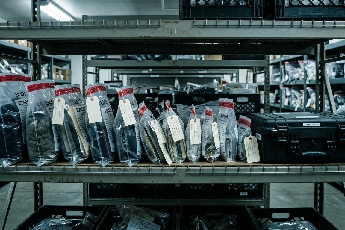 An evidence-room shelf of sealed property bags and a closed hard-sided case under cool fluorescent light, tags turned away