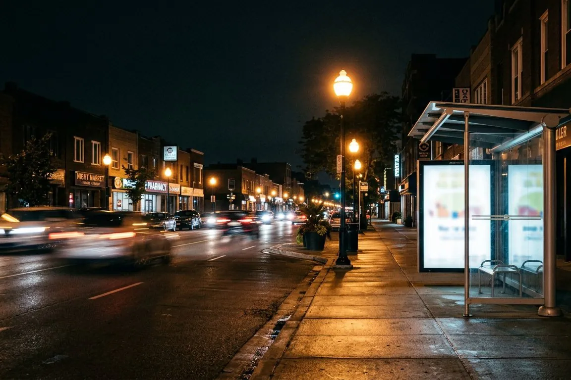 A quiet commercial boulevard at night: streetlights, blurred headlights and an empty bus shelter