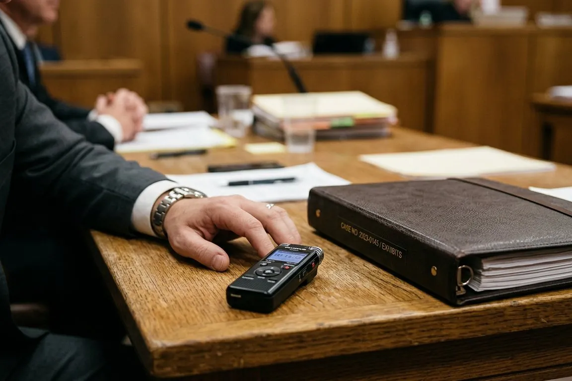 A small handheld audio recorder beside a closed binder on a counsel table, a hand resting near it, face out of frame