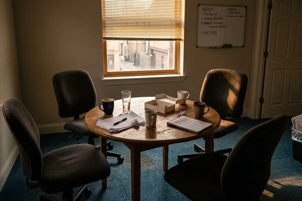 A back room after a meeting: a few chairs pushed around a small table, coffee cups left behind, late light through the blinds