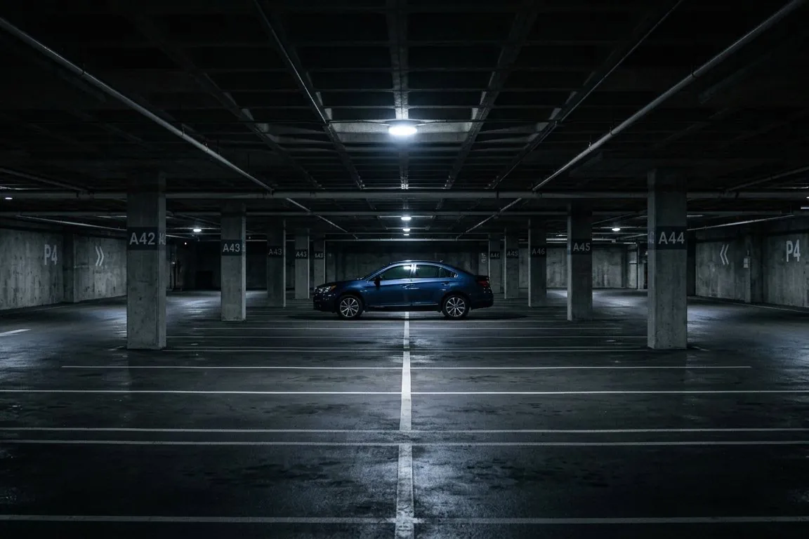 An empty parking-garage level at night, one car parked under a single overhead light, nobody in view