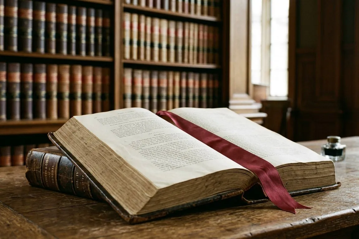 A thick statute volume open on a library table, a ribbon marker across the page, matching volumes soft and out of focus on the shelves behind