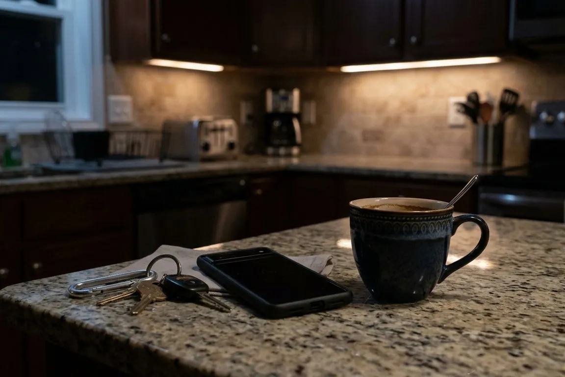 A kitchen counter at night: a phone lying face down beside a set of keys and a half-finished cup of coffee
