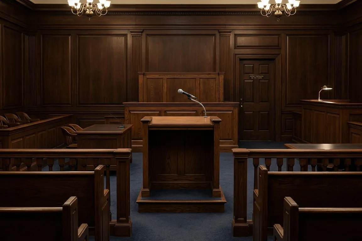 An empty witness stand and its microphone in a wood-paneled courtroom, seen from the gallery
