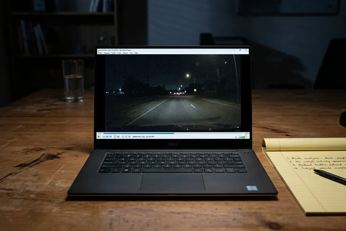 A laptop on a desk paused on a grainy frame of night-time dashcam footage of an empty road, a legal pad beside it
