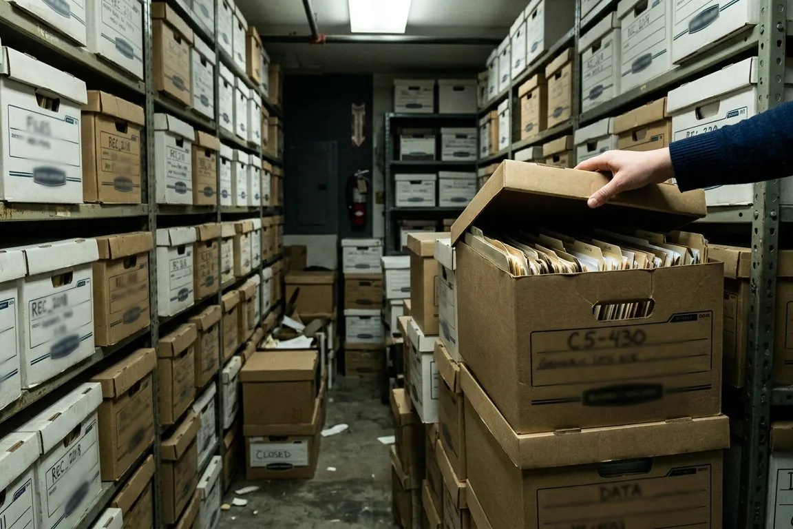 Banker's boxes of files stacked in a records room, one lid lifted by a hand at the edge of the frame
