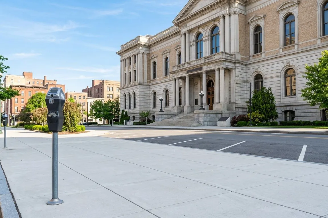 A city hall exterior on a bright weekday morning, a parking meter and a stretch of clean sidewalk in the foreground
