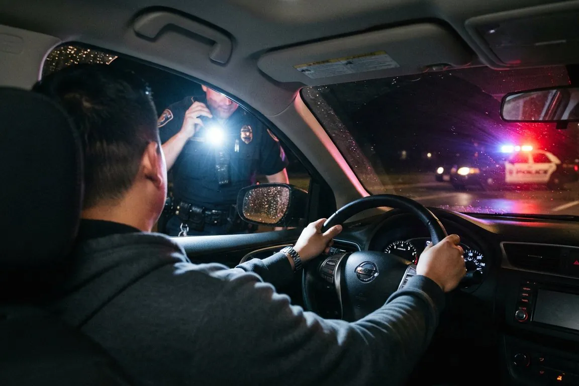 A driver at the wheel at night as a police officer shines a flashlight through the window