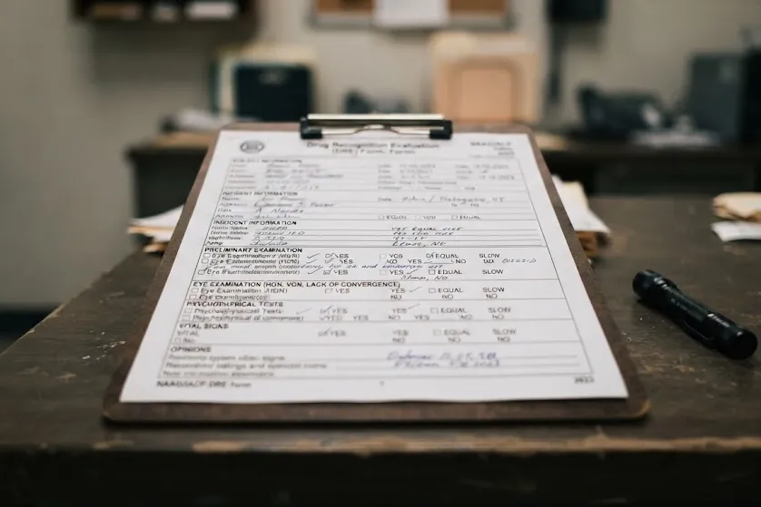 A drug recognition evaluation form on a clipboard, a flashlight beside it on the desk