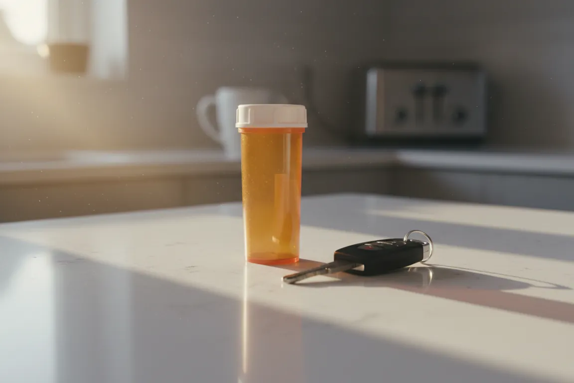 An amber prescription bottle beside a set of car keys on a kitchen counter in morning light
