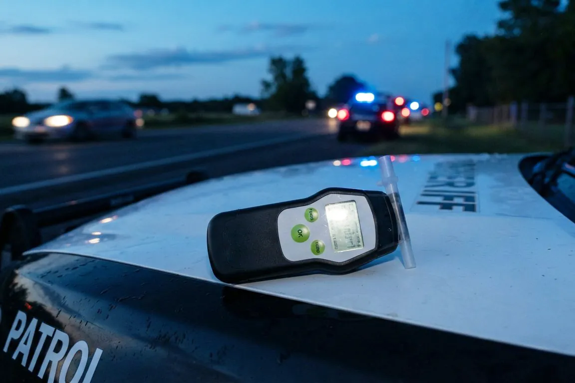 A breath-test device on the hood of a sheriff's patrol car at dusk, police lights down the road