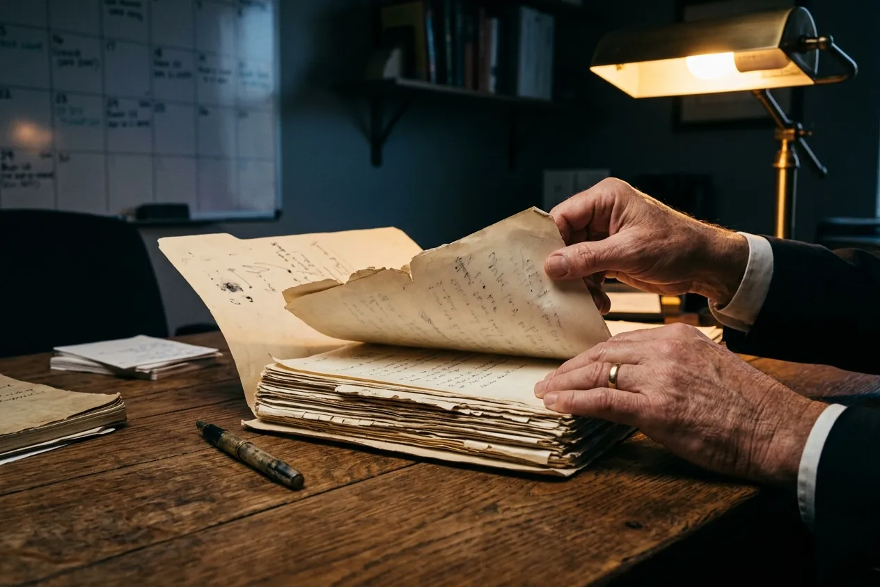 Hands turning pages in a thick case file on a desk, a calendar out of focus behind